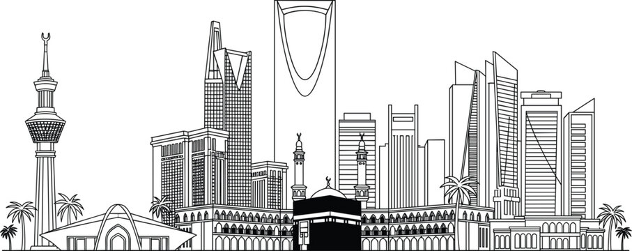 Riyadh Saudi Arabia city skyline vector illustration featuring famous skyscrapers like Kingdom Centre and Al Faisaliyah Center in a modern black line art style