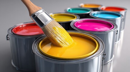 Glossy CMYK ink surfaces reflecting light, with paintbrush standing in one can, white background