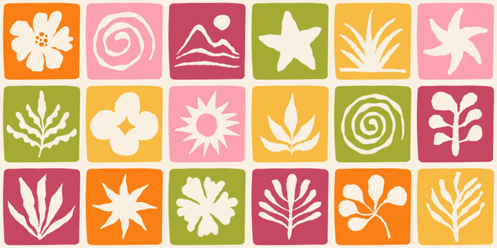 Vector summer seamless pattern in simple wavy and groovy naive style, flowers and plants, floral botanic hand drawn design backgrounds and prints,  modern art prints, surface design