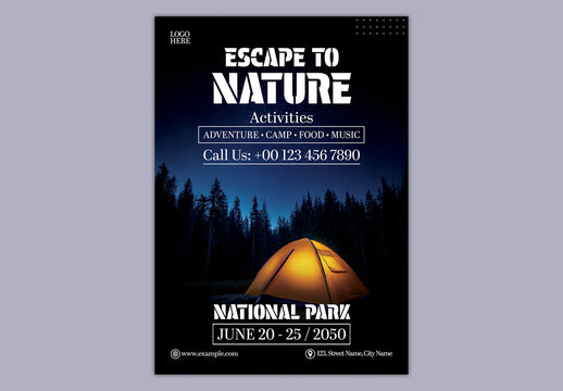 Editable National Park Summer Camp Advertising Flyer Template with Venue Details and Dark Night Forest Background.