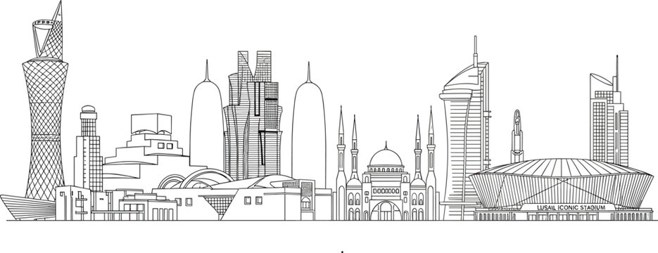 Doha Qatar skyline vector illustration featuring famous landmarks like Burj Doha and Museum of Islamic Art in a modern black line art style