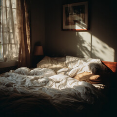 Sunlight falling on unmade bed in cozy bedroom, peaceful morning atmosphere