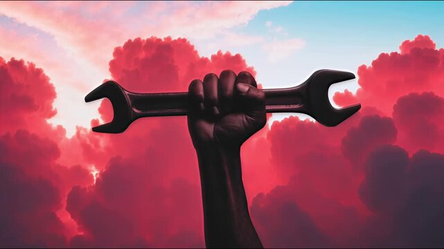 Powerful hand holding wrench against vibrant sky, symbolizing strength, unity, and empowerment&mdash;ideal for Labour Day and International Workers' Day campaigns, featuring 1 May