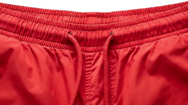 A vibrant pair of red shorts is prominently displayed against a clean white background, creating a high-contrast, eye-catching visual. The smooth, quick-drying fabric suggests suitability for various 