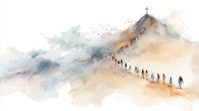 People pilgrims ascending winding mountain path towards cross summit in spiritual journey, watercolor painting concept