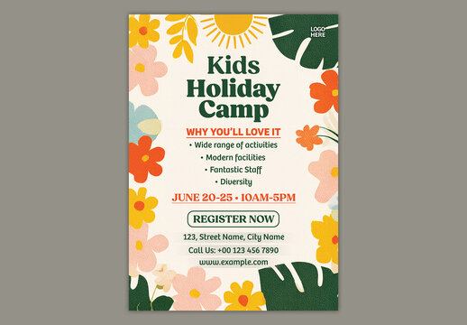 Editable Kids Holiday Summer Camp Activities Advertising Flyer Template in Colorful Floral Theme with Registration Announcement.