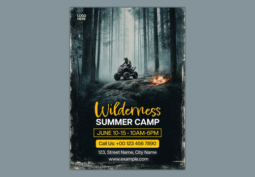 Editable Wilderness Summer Camp Adventure Poster Template in Dark Forest Theme with Off Road Activity for Advertisement.