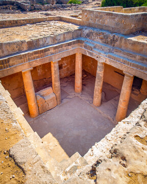 Tombs of the Kings, historical grave necropolis with ancient stone ruins and caves, cyprian archaeological site at scenic sea coast and old tourist landmark attraction, Paphos, Cyprus, Europe.
