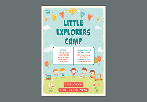 Editable Kids Summer Camp Adventure and Learning Program Flyer Template Design with Cartoon Children Outdoor Activities for School Admission Campaign.