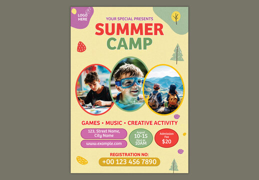 Editable Summer Camp and Learning Program Advertising Poster Template in Yellow Theme with Registration Announcement and Event Details.