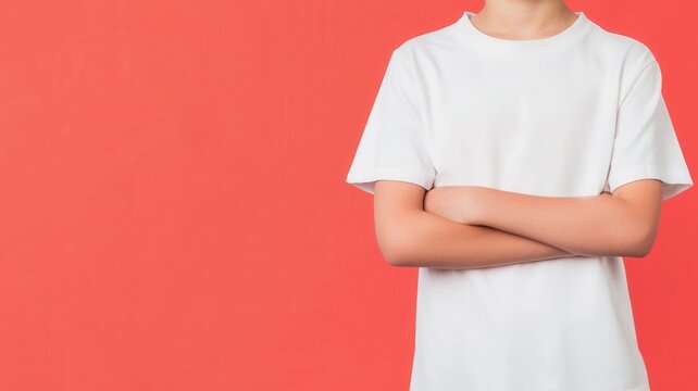 Young person in blank white t shirt with crossed arms standing against a coral red background with copy space