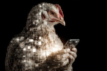 Obraz premium Animated chicken's smartphone thrill in the dark. Animal night. How crypto blurs the line between freedom and financial danger. Night adventure. Chicken wonder.