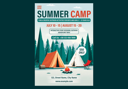 Editable Summer Camp Advertising Flyer Template Design with Forest Camping Tent Scene and Special Discount Offer for Adventure Trips Registration.