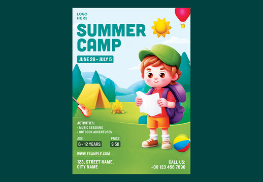 Editable Kids Summer Camp and Learning Program Advertising Flyer Template Design with Cartoon Student Boy in Camping Tent Scene Background.