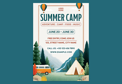Editable Summer Camp Adventure Advertising Flyer Template Design with Mountain Landscape and Camping Tent Scene Background.