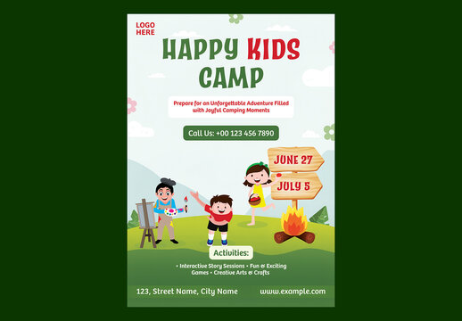 Editable Kids Summer Camp Advertising Flyer Template Design with Happy Cartoon Children Outdoor Activities in Nature Background.