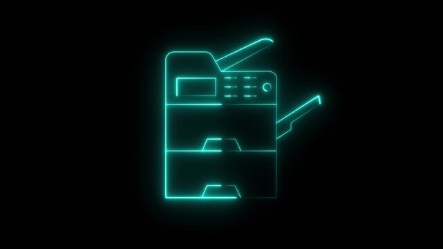 A dynamic turquoise neon glowing line animation of a multifunction printer machine appears and disappears against a dark background, perfect for technology or office themes.