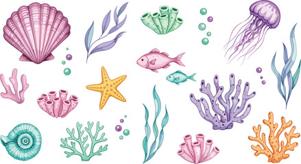 Cute underwater sea life vector collection with colorful coral reef sponges seashells starfish jellyfish and tropical fish for summer ocean theme nursery design. © Sukhi