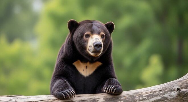 Sun bear perched on a log in a lush green environment looking at camera