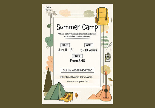Editable Kids Summer Camp Activities Flyer Template Design with Off White Background for Holidays Promotion.