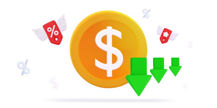 3d low price Dollar coin with arrow down and up Financial loss or growth, increase or low of revenue