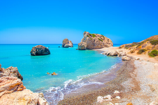 The Bay of Aphrodite is famous attraction of Cyprus were located between Limassol and Paphos. large stones from ancient times counted as the birthplace of Aphrodite.