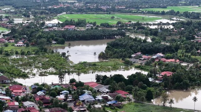 Drone View Over Labuh Banting Green Floodplain Village