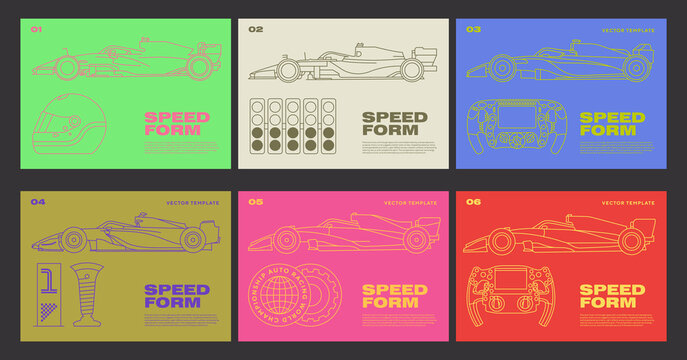 Set Streetwear Auto: Modern Racers, Retro Style. Sport Race Car Driving Championship vector illustration. Outline is editable.