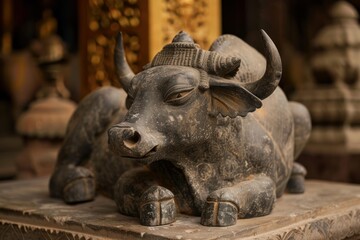 Stone statue of a water buffalo resting peacefully, showcasing intricate carvings and weathered texture, in a serene temple setting