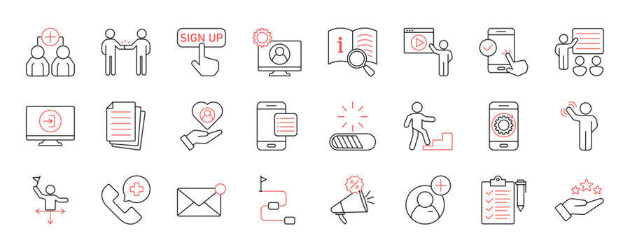 User onboarding solid vector icon collection, welcome, sign up, user guide, tutorial, steps, promotion, login and more. EPS 10