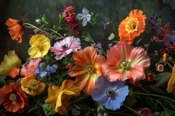 Iceland poppies and other colorful flowers are creating a vibrant and beautiful bouquet on a dark background