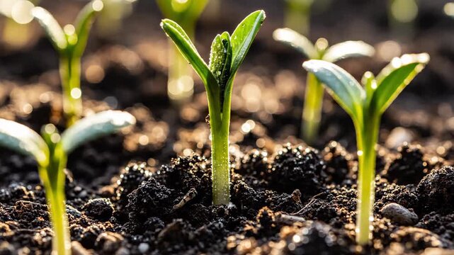 Young plant sprouts emerging from dark soil with golden light.