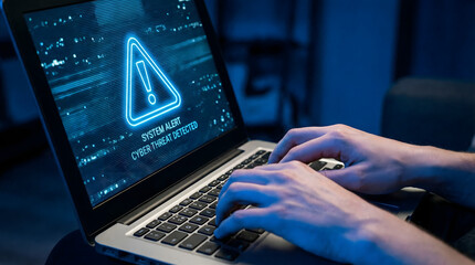 Cyber threat alert on laptop screen during system check