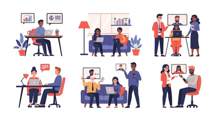 Modern Workplace & Remote Work: Diverse Teams Collaborating in Hybrid Settings, Online Meetings, Video Calls & Digital Communication.