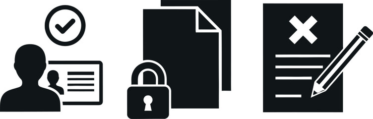 Obraz premium Icons representing document verification, security, and rejection processes