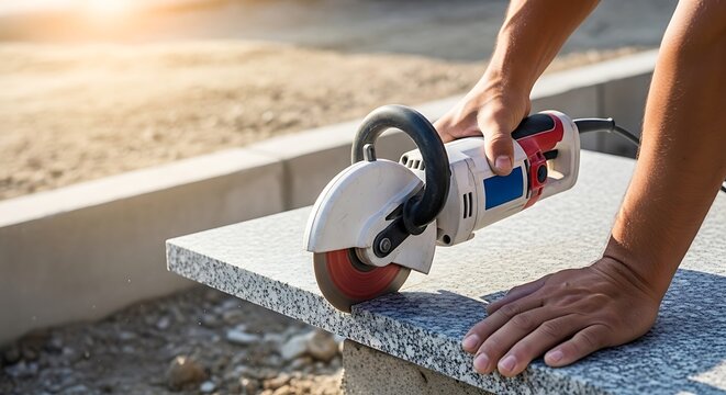 A person using a circular saw to cut a granite stone slab on a construction site at sunset