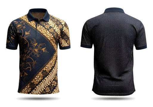 Diagonal Panel Batik Polo Shirt Navy Gold Traditional Indonesian Apparel Mockup