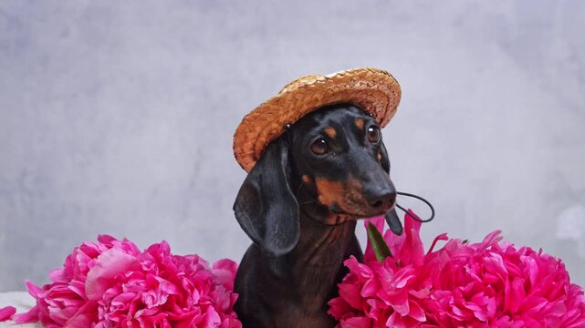 Black and tan dachshund wearing a straw hat looks forward from behind a row of bright pink flowers centered close up portrait with floppy ears and glossy coat on a neutral soft gray studio background