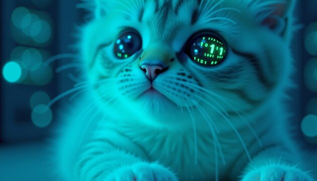 Futuristic Cyber Cat with Glowing Binary Code in Eyes, AI Technology and Digital Data Concept Illustration