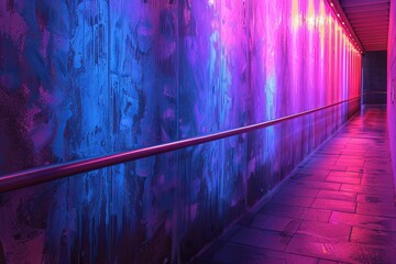 Fototapeta premium Empty modern corridor with blue and pink neon lights illuminating textured walls and tiled floor