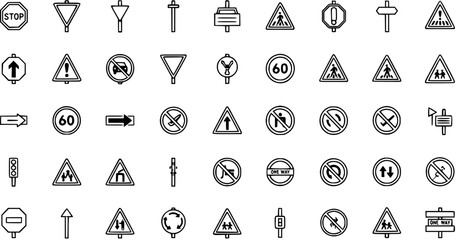 Comprehensive Outline Vector Road Traffic Signs  Symbols Icons Set