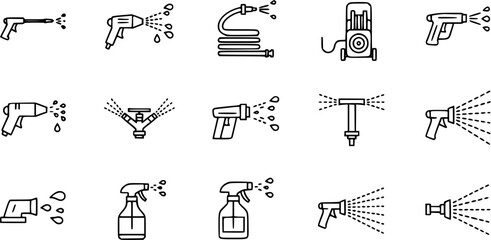 Naklejka premium Water Spraying Tools Equipment Outline Icons Set: Sprayers, Hoses, Washers, Sprinklers