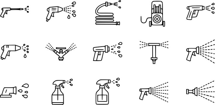 Water Spraying Tools  Equipment Outline Icons Set: Sprayers, Hoses, Washers, Sprinklers