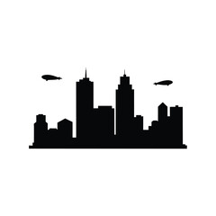 Fototapeta premium Silhouette of a city skyline with skyscrapers and airships in the sky