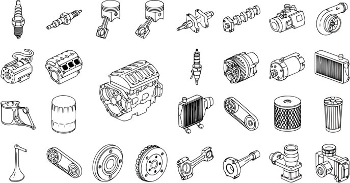 Automotive Parts Line Art Set: Engine, Brakes, Suspension  Electrical Components