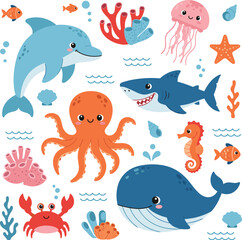 Cute sea animals collection with dolphin shark octopus whale jellyfish crab and seahorse cartoon vector illustration set © Kharshad Creative