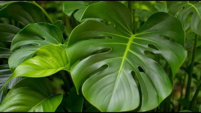 Lush Green Monstera Deliciosa Leaves in a Tropical Setting.