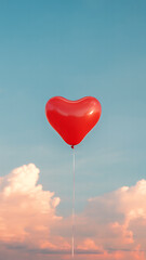 Red heart-shaped balloon floating serenely in a pastel sunset sky with soft clouds