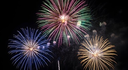 Colorful fireworks display exploding in night sky celebration