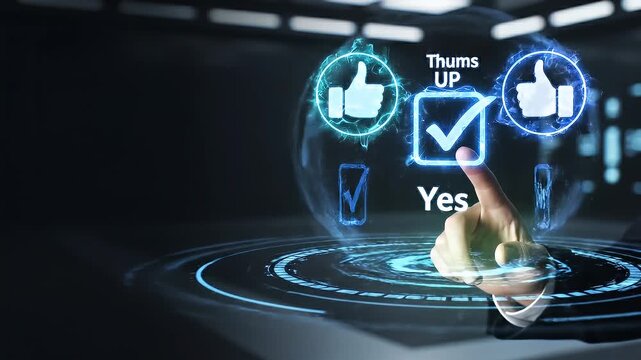 Holographic thumbs up/down icons or yes/no checkboxes being tapped illustrating virtual voting processes and decisions concept as Holographic thumbs up/down icons or yes/no checkboxes are tapped illus